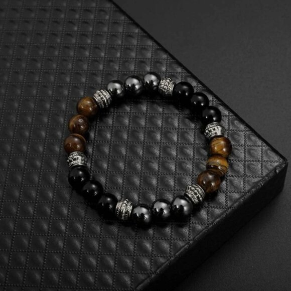Brown Tiger's Eye, Black Obsidian & Hematite Natural Stone Beaded Bracelet NEW - Picture 4 of 6